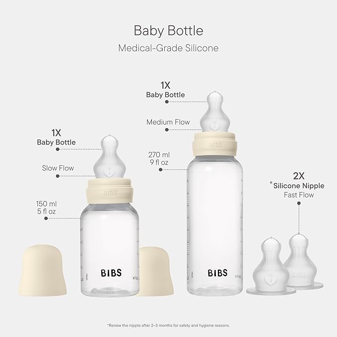 BIBS Baby Bottle Grow & Flow Starter Kit Silicone - Anti-Colic, BPA-Free, Round Nipple, Slow/Medium/Fast Flow, Lightweight & Easy to Clean, Suitable for Newborns 0+ Years - Ivory