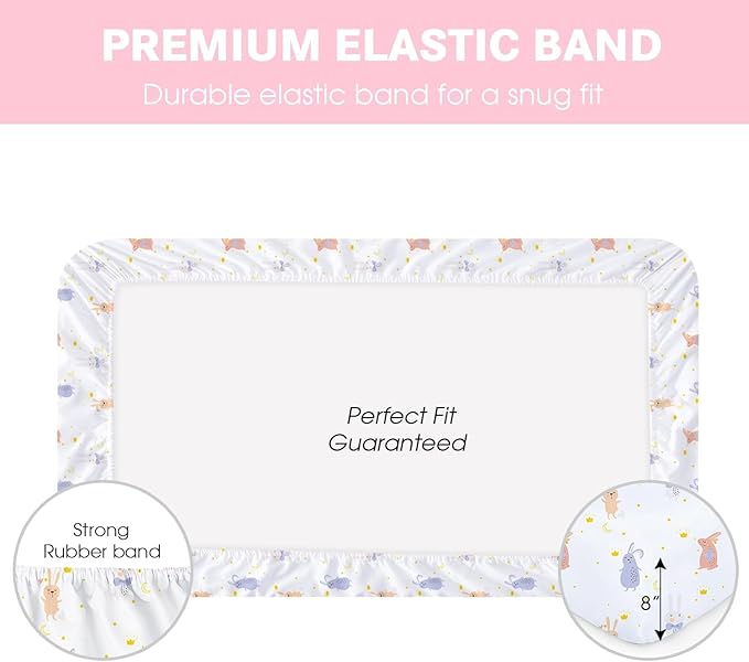 Little Grape Land Waterproof Crib Sheets for Boys Girls, Soft and Breathable Waterproof Baby Crib Sheets 52"x28", Crib Mattress Sheets Neutral for Standard Crib and Toddler Bed Mattress (Rabbit)
