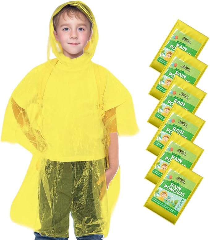 Hitituto Rain Ponchos Family Pack Kids– 6/12/24 Pack Disposable Poncho with Hood, Clear & Assorted Colors, Home Survival Kits
