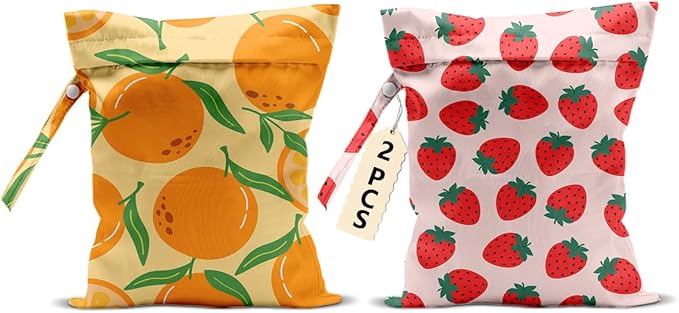 2Pcs Summer Fruits Wet Bags 12x10 Inch, Strawberry Orange Waterproof Travel Laundry Bags, Reusable Wet Dry Bag for Swimsuit Beach Diapers Dirty Yoga Gym Clothes, Travel Gifts for Women Friend