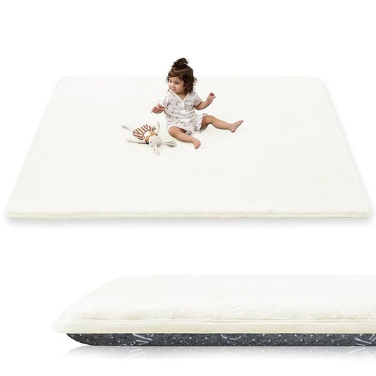 1.5" Thick Baby Play Mat for Floor, 59x79 Playpen Mat, Pro Soft Flannel Foam Mats Toddler Infant Kids Crawling for Nursery Rug Playroom Living Room Waterproof Easy Care Non-Slip (Cream)