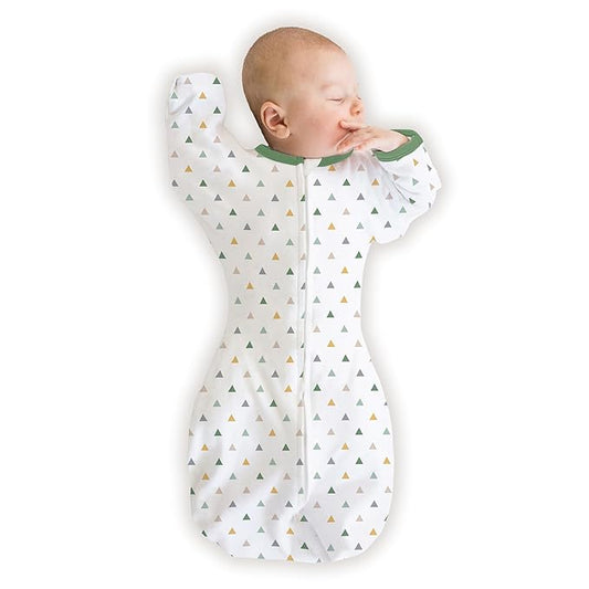 SwaddleDesigns Organic Transitional Swaddle Sack, Arms Up Swaddle with Half-Length Sleeves & Mitten Cuffs, Medium, 3-6 Months, 14-21 lbs, Green Tranquility Triangles