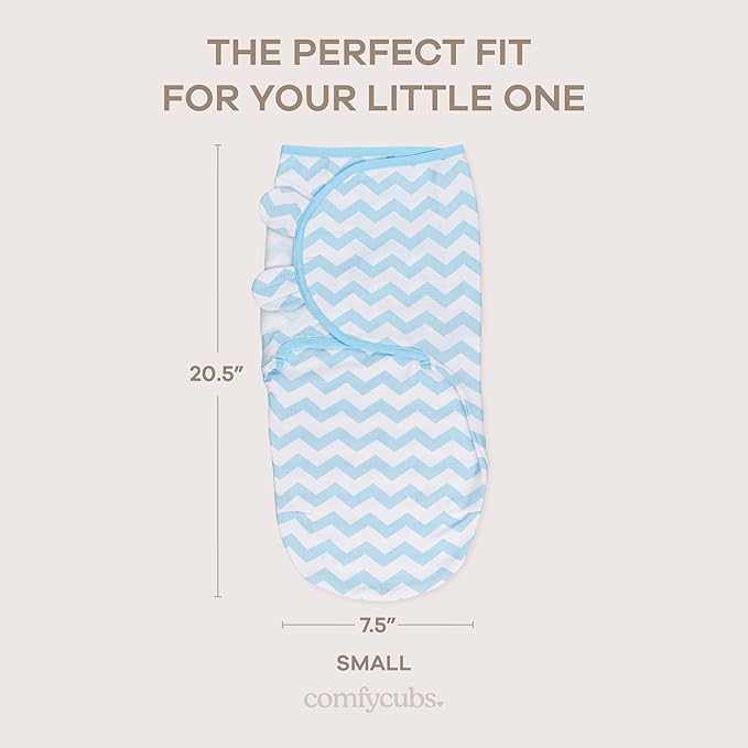 Comfy Cubs Easy Swaddle Blanket, 3 Pack - 100% Cotton Newborn Wrap, Small for 0-3 Months Infants, with Adjustable Velcro, Breathable and Durable Sleep Sack for Babies - Blue