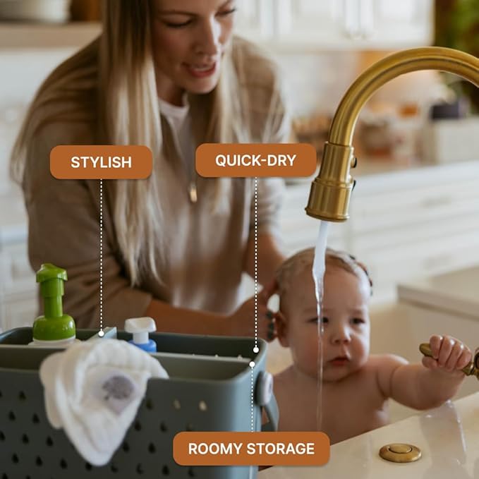 Parker Baby Bath Caddy | BPA Free & Food Grade Shower Caddy Organizer for Toys & Supplies | Quick-Dry, Sturdy & Perfect Size Shower Basket w/Handle in Neutral Colors