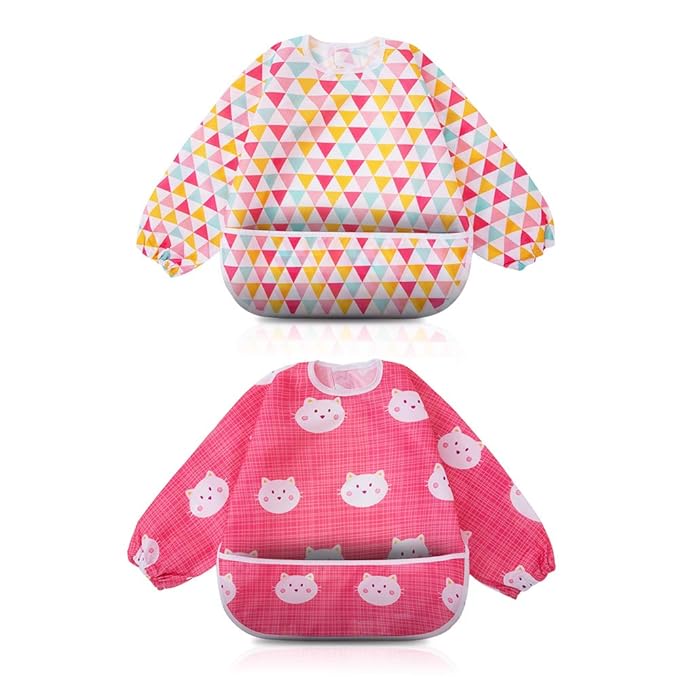 Little Dimsum Full Sleeved Feeding Bib 2 Pack,Baby & Toddler Waterproof Bib Apron,Food Protection Large Pocket Eating Smock 6-36 Months(Pink/Red)