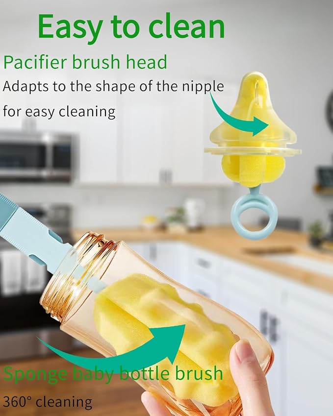 SEBIKAM 4-in-1 Baby Bottle Brush Set, Scratch-Free Sponge & Long Handle Cleaner for Wide/Standard Neck Bottles, Nipple, Sippy Cups & Straws, Quick Dry Design (Green)