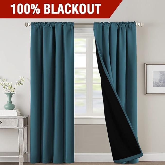 H.VERSAILTEX 100% Blackout Curtains for Bedroom with Black Liner Full Room Darkening Curtains Thermal Insulated Back Tab/Rod Pocket Window Drapes for Living Room, 2 Panels, 42 x 84 Inch, Dark Teal