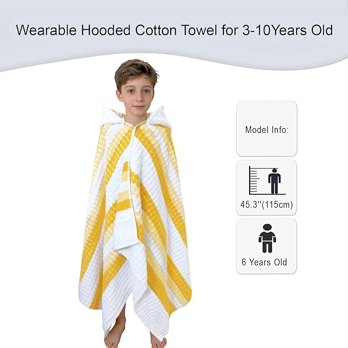 Hooded Bath Towel for Teens/Big Kids (8-14 Years,55"X28") | Soft FluffyQuick Dry Absorbent 100%Cotton Thick Towel Wrap | Versatile Beach, Pool, Swim & Bath Cover-Up | Pale Yellow Vertical Stripe