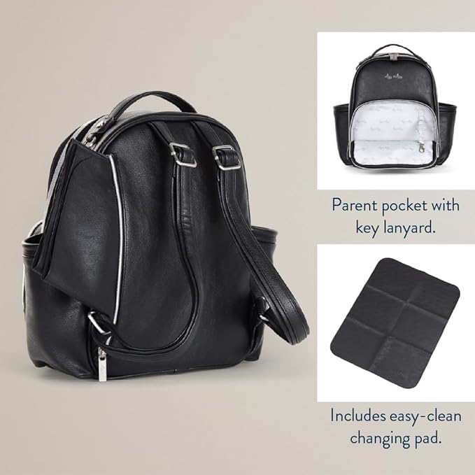 Itzy Ritzy Mini Diaper Bag Backpack – Chic, Compact Mini Plus Backpack with Changing Pad, 10 Pockets (6 Internal, 4 External), Grab-Top Handle & Rubber Feet (Black w/Silver Hardware)