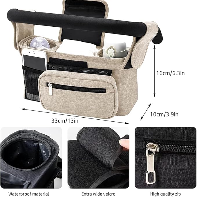 Baby Stroller Organizer, Universal Stroller Organizer with Detachable Phone Bag, Stroller Caddy with 2 Insulated Cup Holders, Buggy Organizer Bag with 2 Hooks Fits Most Strollers (White)