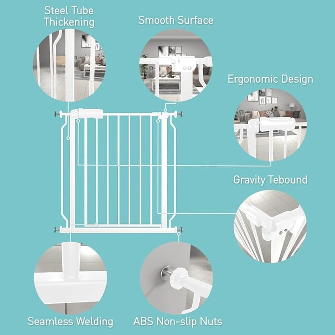 WAOWAO Baby Gate 33.86-38.55" Extra Wide Pressure Mounted Walk Through Swing Auto Close Safety White Metal Toddler Kids Child Dog Pet Puppy for Stairs,Doorways,Kitchen