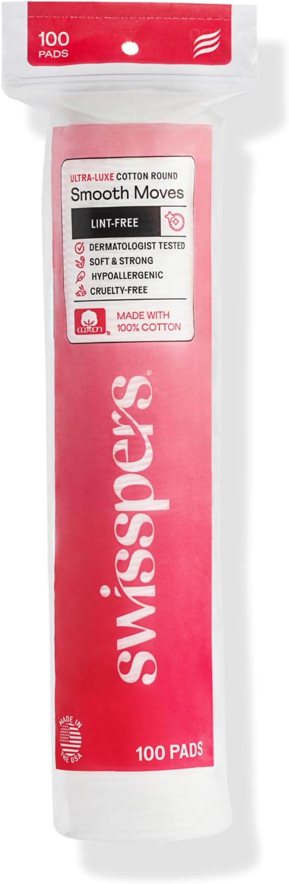 Swisspers Smooth Moves Ultra-Luxe Premium Cotton Rounds, Hypoallergenic Makeup Remover Pads for Sensitive Skin, USA Made, Vegan, Lint-Free, Paraben Free, 100 Count