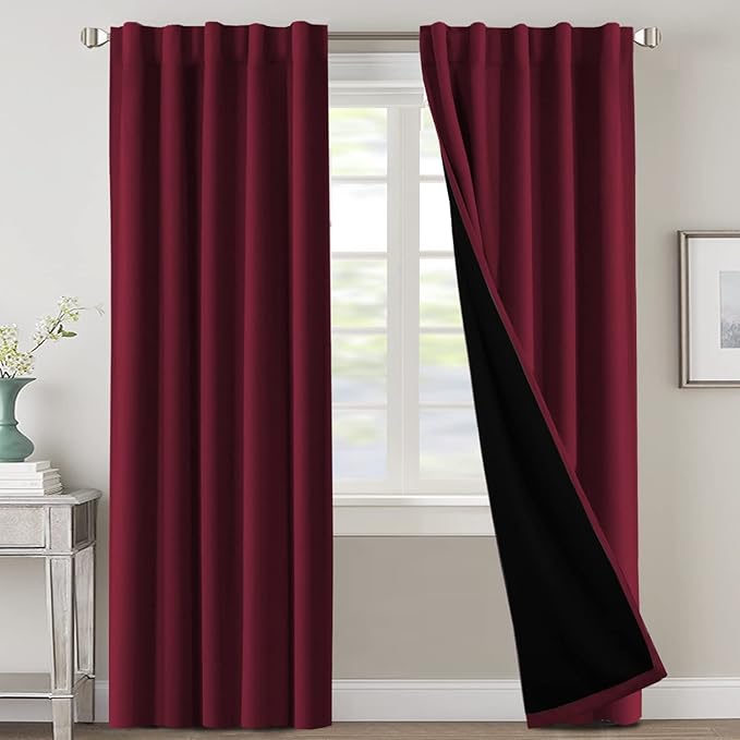 H.VERSAILTEX 100% Blackout Curtains for Bedroom with Black Liner Full Room Darkening Curtains Thermal Insulated Back Tab/Rod Pocket Window Drapes for Living Room, 2 Panels, 42 x 84 Inch, Burgundy