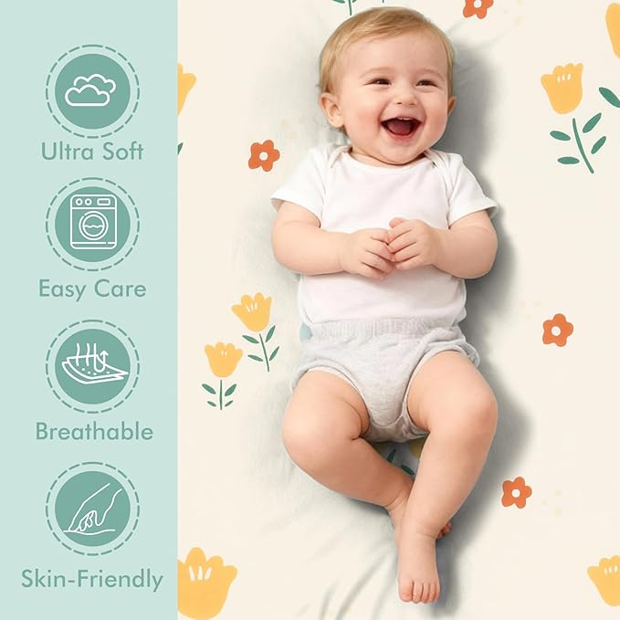 3 Pack Stretchy Bassinet Sheets - Universal Fit for Rectangle, Round, Oval, Hourglass Cradles & Moses Baskets - Soft Breathable Fitted Bassinet Sheets Set for Baby - Yellow & Flower