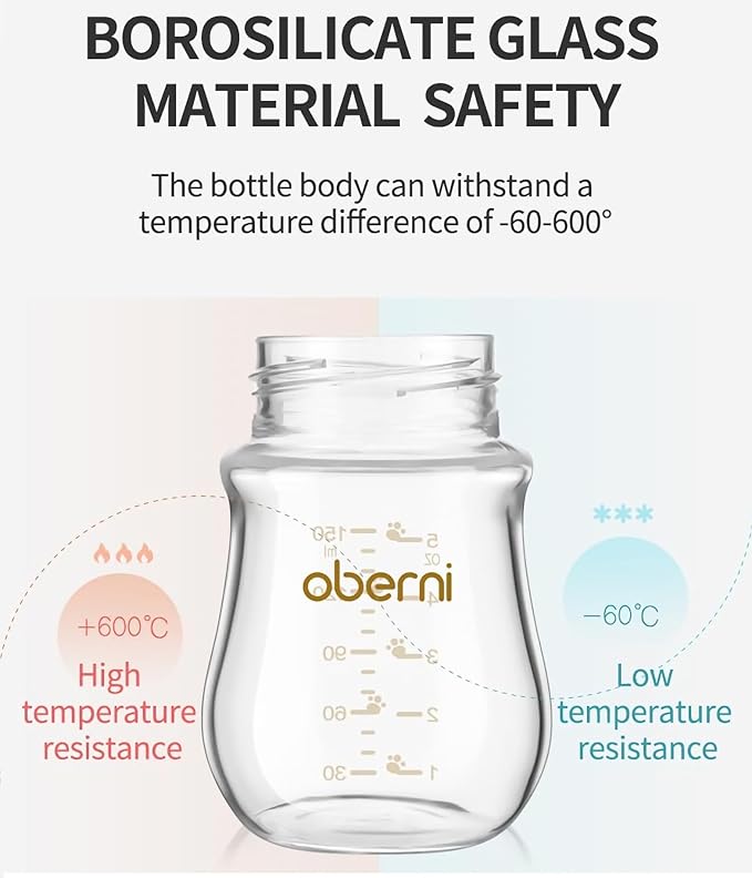 Oberni Glass Baby Bottles,Anti Colic Breastfeeding Bottle with Natural Response Nipple Size S,Wide Neck Slow Flow Baby Bottle for Baby,Newborn,Preemie 0-3 0-6 Month,BPA Free (Blue, 2 Pack, 4 Ounce)