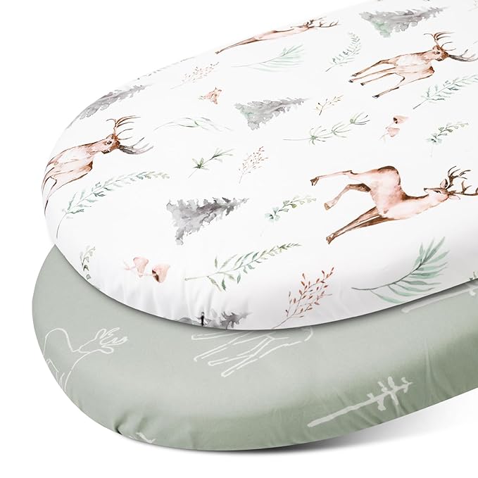 Gllquen Baby Bassinet Sheets Set 2-Pack, Breathable Cozy Bassinet Fitted Sheet Universal Fit Standard Mattress Oval Rectangle Cradle Baby Sheets for Baby Boy Girls Unisex 32"x16" (Reindeer)