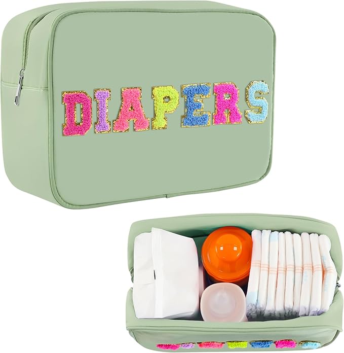 Small Diaper Bag, Chenille Letter Diaper Caddy Organizer Pouch Newborn Baby Essentials Must Haves for Nursery Changing Table, Sage Green Waterproof Diaper Pail Baby Shower Gifts for Mom To Be