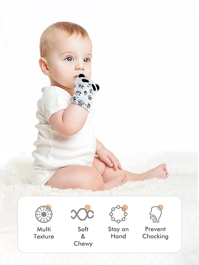 Giftty Baby Teething Mitten Panda Hand Teether Soothing Glove Wearable Teething Toy with Crinkle Sound, Multi Textured for Infants 3-12M (1 Pair)