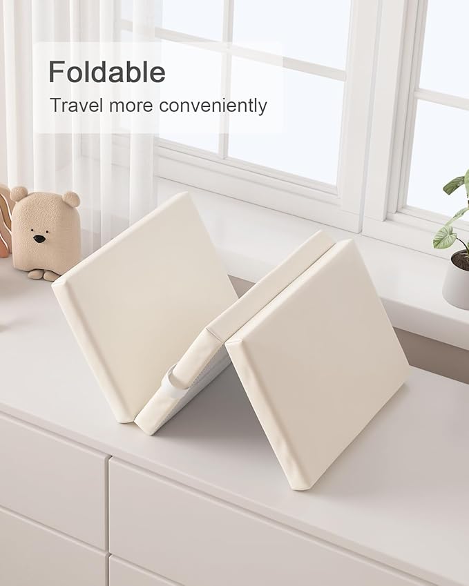 YACODAVO Foldable Baby Changing Pad with Vegan Leather Cover, Standard Side Waterproof & Wipeable Changing Pad for Toddler, Flat Foam Travel Diaper Changing Pad for Dresser and Table, White