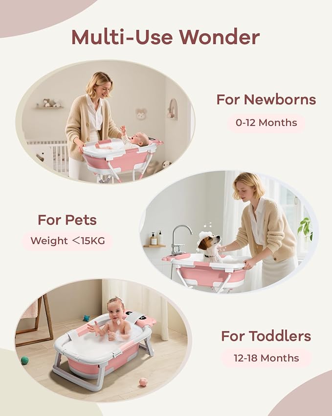 AVIDOR 2-in-1 Baby Bathtub with Stand for Newborn and Infants, Foldable Baby Bath Tub, Baby Shower Gifts for New Parents, Pink