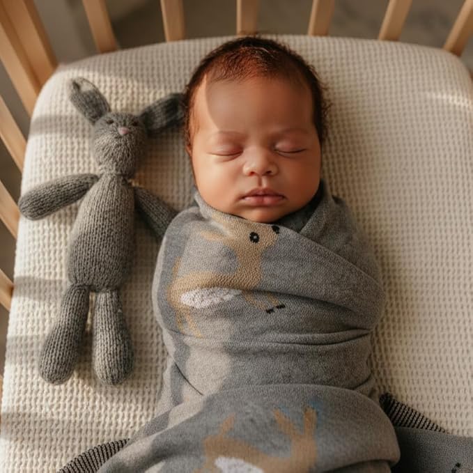 Knit Baby Swaddle Blanket - 100% Cotton Soft Cozy Receiving Swaddling Crib Stroller Quilt Blanket for Shower Gift Registry for Newborns, Infants, Toddlers, Unisex (Deer - Grey)