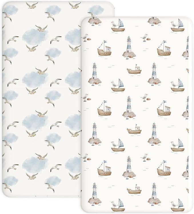 Pack and Play Sheets 2 Pack, Fitted Jersey Knit Mini Crib Sheets for Baby Boys and Girls, Compatible with Graco Pack N Play and Mini Crib Mattress (Sailing Waves, Pack N Play/Mini Crib Sheets)