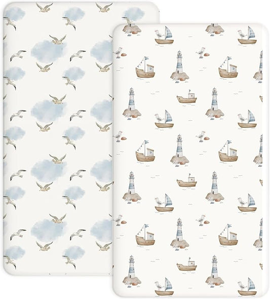 Pack and Play Sheets 2 Pack, Fitted Jersey Knit Mini Crib Sheets for Baby Boys and Girls, Compatible with Graco Pack N Play and Mini Crib Mattress (Sailing Waves, Pack N Play/Mini Crib Sheets)