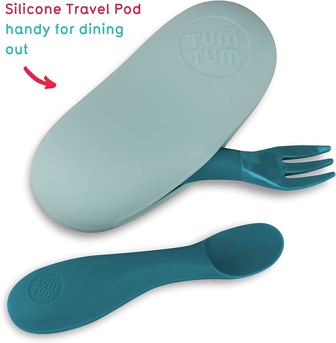Tum Tum Baby Cutlery with Case, Silicone Spoon & Fork Set, Self Feeding Cutlery, 6+ Months, Blue
