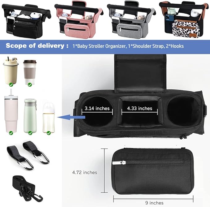 Baby Stroller Organizer, Universal Stroller Organizer with Detachable Phone Bag, Stroller Caddy with 2 Insulated Cup Holders, Buggy Organizer Bag with 2 Hooks Fits Most Strollers (Pink)