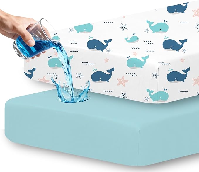 Little Grape Land Waterproof Crib Sheets for Boys Girls, Soft and Breathable Waterproof Baby Crib Sheets 52"x28", Crib Mattress Sheets Neutral for Standard Crib and Toddler Bed Mattress (Whale)