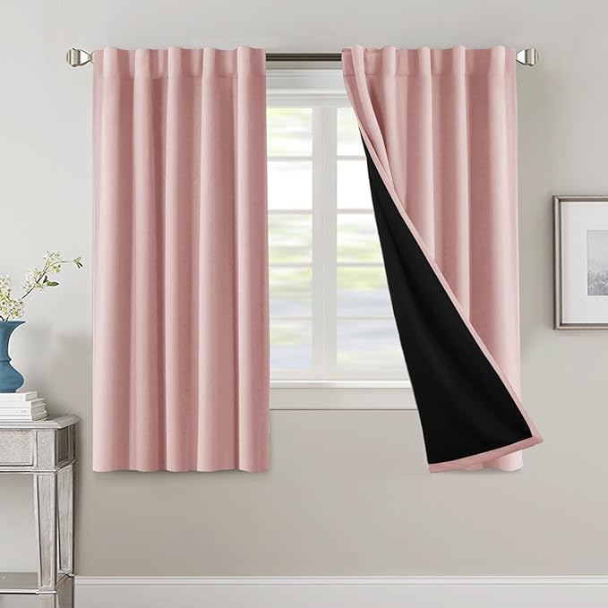 H.VERSAILTEX 100% Blackout Curtains for Bedroom with Black Liner Full Room Darkening Curtains Thermal Insulated Back Tab/Rod Pocket Window Drapes for Living Room, 2 Panels, 42 x 63 Inch, Baby Pink