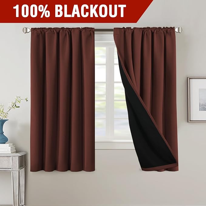 H.VERSAILTEX 100% Blackout Curtains for Bedroom with Black Liner Full Room Darkening Curtain Thermal Insulated Back Tab/Rod Pocket Window Drapes for Living Room, 2 Panels, 42 x 63 Inch, Rust