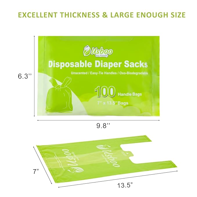 Biodegradable Disposable Diaper Bags, 100 Count, 10 Ounce Capacity, Easy-Tie Handles, Convenient and Eco-Friendly
