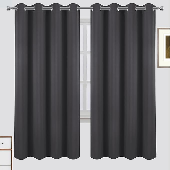 LEMOMO 100% Blackout Curtains 52 x 72 Inch Dark Grey Curtains 2 Panels Darkening Thermal Insulated Bedroom Curtains