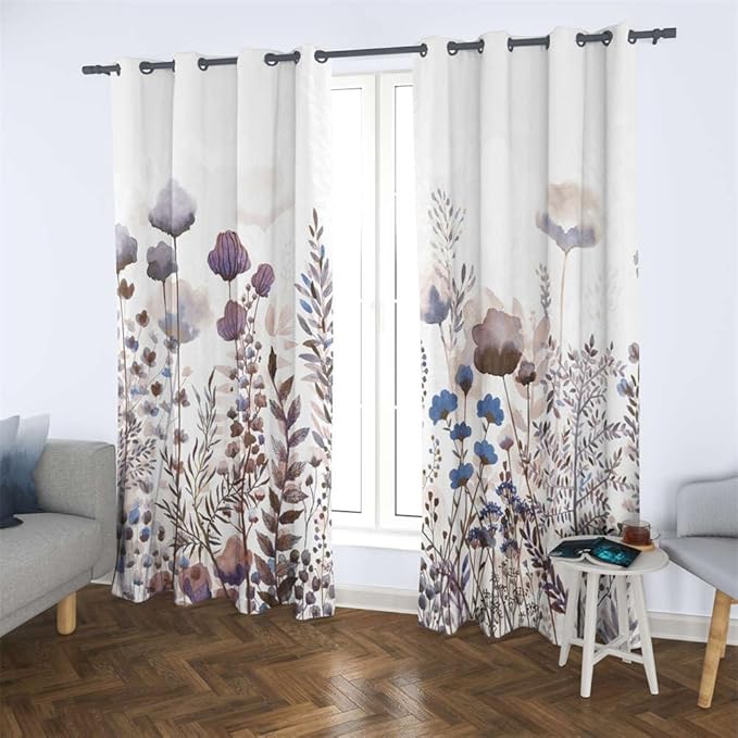 Renaiss Wild Flowers Blackout Curtains, Pastel Botanical Floral Print Thermal Insulated Bedroom Window Curtains, Nature Plants Window Drapes for Living Room, 96" L x 53" W 2 Panel Set