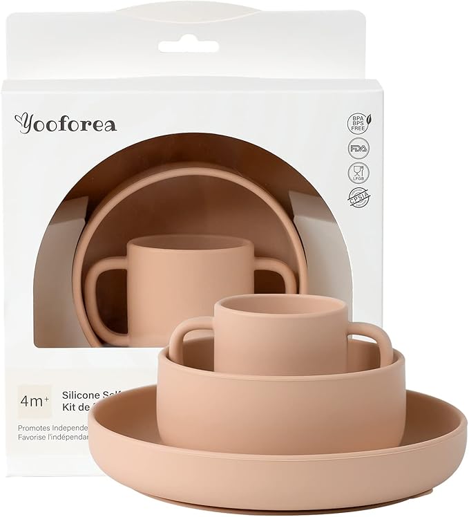 YOOFOREA Baby Led Weaning Supplies I Toddler Infant Baby Essentials First Stage I Baby Feeding Set - Tiny Cup, Suction Bowl & Plate I 100% Platinum Food Grade Silicone I BPA BPS PVC Free - Honey
