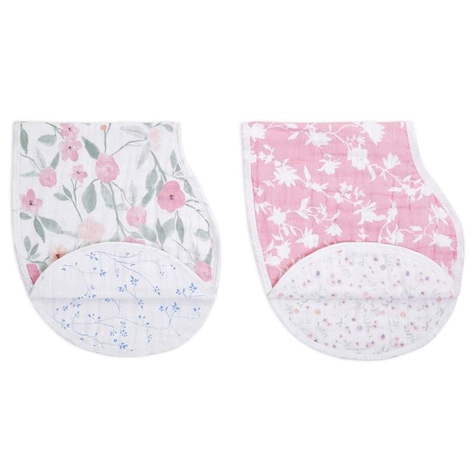 aden + anais 100% Cotton Muslin Burpy Bib – Multi-Use, Absorbent 4-Layer Burp Cloth and Full-Coverage Snap-Closure Baby Bib in One, Lap-Shoulder Drool Cloth, 22.5” X 11”, 2-Pack, Mon Fleur