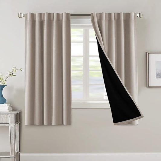 H.VERSAILTEX 100% Blackout Curtains for Bedroom with Black Liner Full Room Darkening Curtains Thermal Insulated Back Tab/Rod Pocket Window Drapes for Living Room, 2 Panels, 42 x 63 Inch, Natural Sand