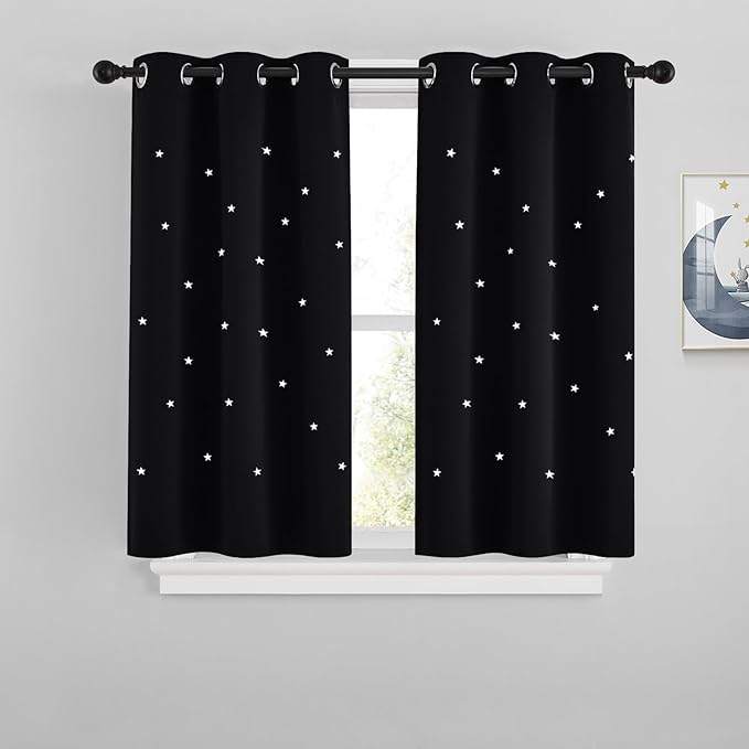 NICETOWN Short Blackout Curtains for Kids Bedroom, Star Hollow-Out Baby Nursery Dormitory Thermal Insulated Grommet Window Curtains for Decor, 1 Pair, 34" W x 45" L, Black