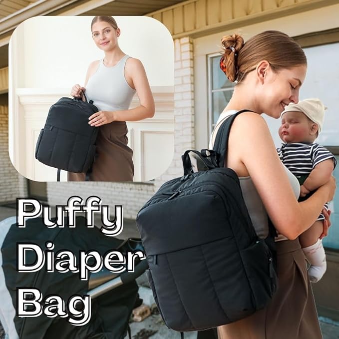 MOMINSIDE Diaper Bag Backpack - Extra Large Puffer Diaper Bag - Neoprene Diaper Bag Quilted Baby Bag for 2 Kids Boys Girls, Large Changing Pad, 15 Pockets, Black