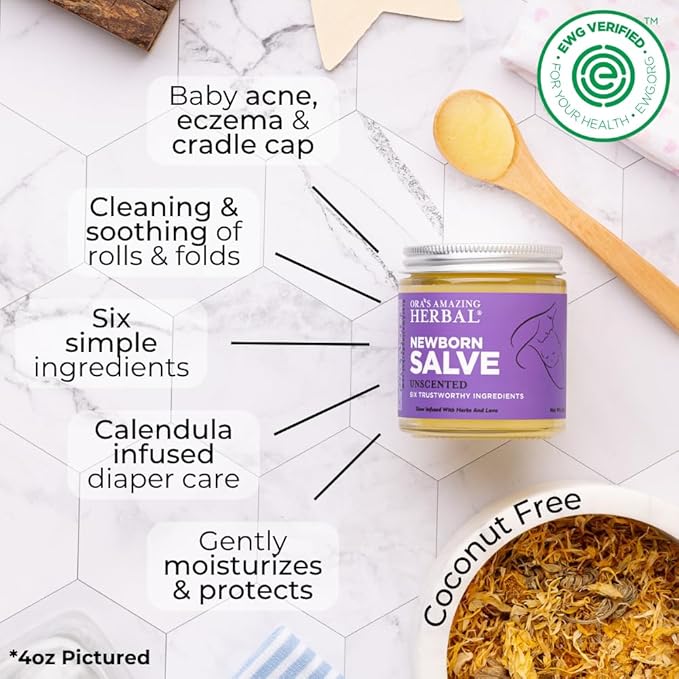 Ora's amazing Herbal, Newborn Salve, Diaper Rash Cream, Calendula Baby Balm, EWG Verified Baby Ointment, Acne Eczema, Butt Cream, Infant Massage, Natural Paraben Free, Good for Sensitive Skin 1 & 4 oz