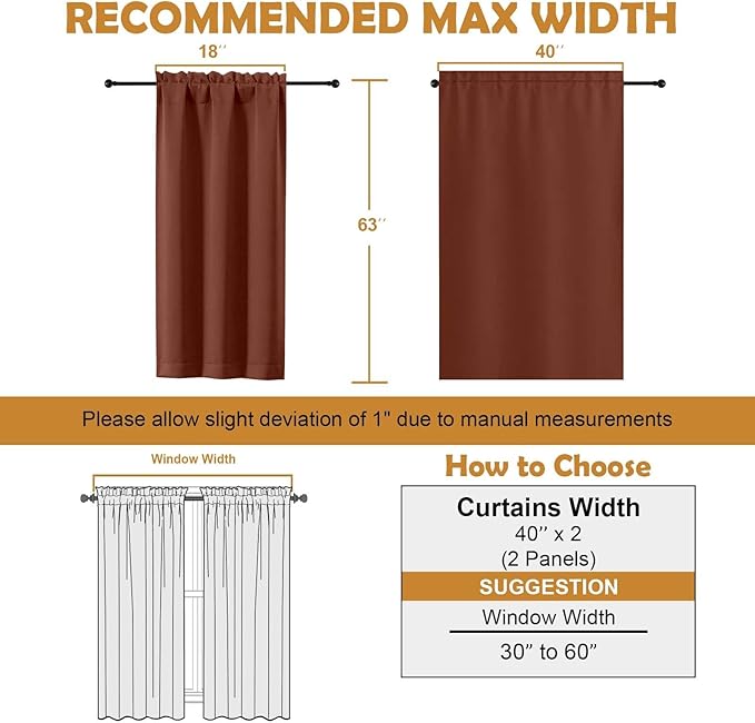Aiyufeng Terracotta Blackout Curtains for Bedroom 63 Inch Length 2 Panels, Solid Thermal Insulated Energy Saving Rod Pocket Window Treatment Curtains Blackout Drapes, W40 x L63 Inch, Terracotta