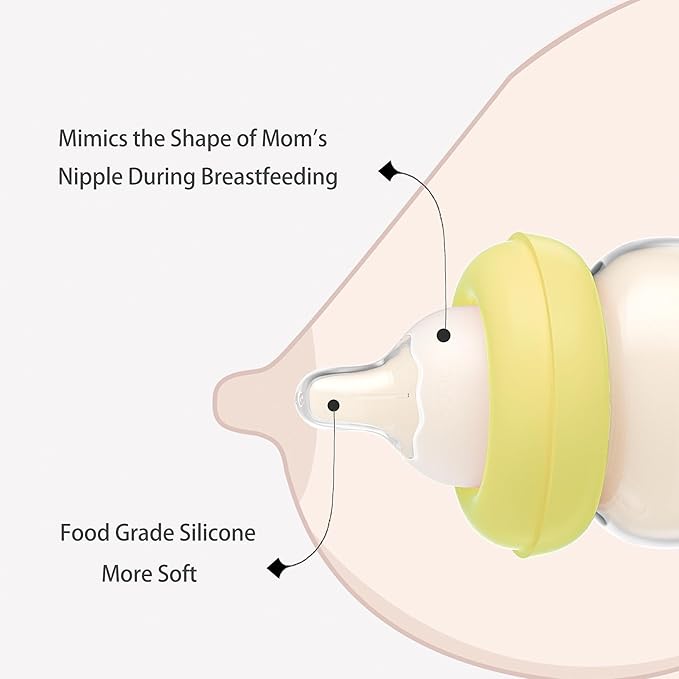 YOHKOH Natural Glass Baby Bottle with Level 1 Slow Flow Nipple, Newborn Anti-Colic Baby Bottles, Wide Neck Mushroom Baby Glass Bottle (Yellow, 3.4oz (Pack of 2))
