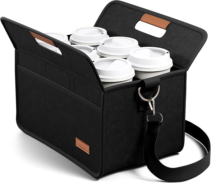 Fluxynara 6-Cup Reusable Felt Drink Carrier with Handle and Adjustable Shoulder Strap, Drink Holder for Car, Multi-Cup Drink Carrier Bag for Delivery, Travel, Picnics (Black)