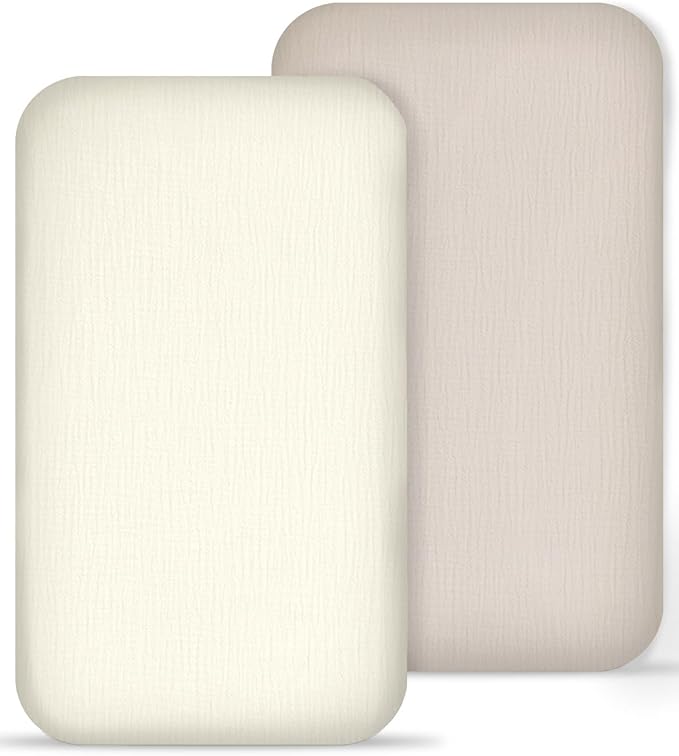 Muslin Bedside Bassinet Sheets 2 Pack, 33x20 Fitted Ultra Soft & Breathable Bedside Sleeper Sheets, Ideal for Baby Girl and Boy, Perfect for Newborns (Beige & Cream)