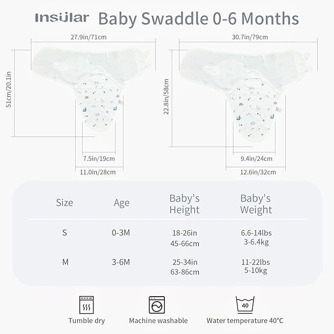 insular Baby Swaddle Wrap, Swaddle Blanket for Newborn and Infant, Adjustable Velcro Swaddling Set for Boy and Girl, Soft Cotton Baby Sleep Sack 3 Pack, Snail&Hedgehog, Medium(3-6 Month)