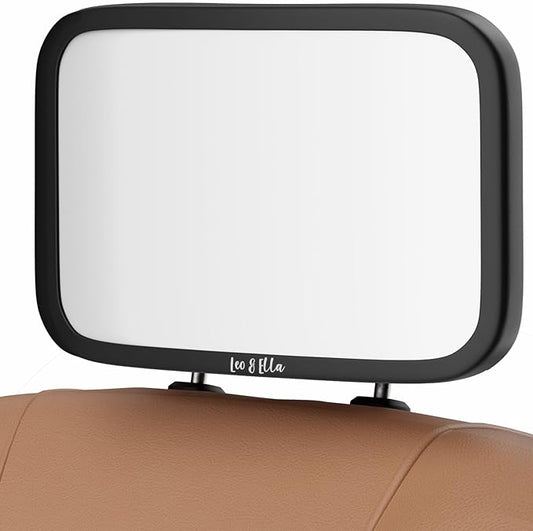 Leo&Ella Extra Large Car Mirror for Baby in Rear Facing Car Seat, Wide Crystal Clear View, 360° Adjustable Mount, Crash Tested and 100% Shatterproof, Fully Assembled