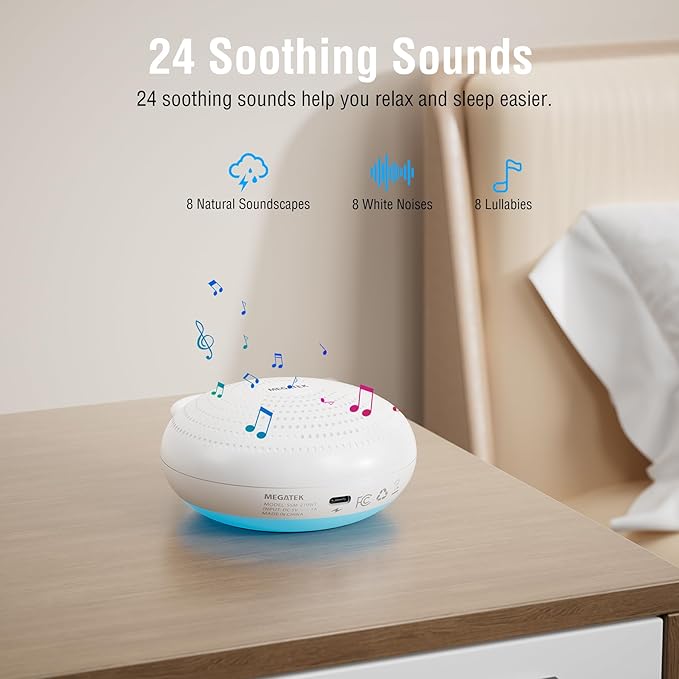 MEGATEK Sleep Sound Machine, 24 Soothing Sounds, 9 Color Dimmable Night Light, Bluetooth & 180s Voice Recording, 2000mAh Rechargeable Battery with Timer & Hook, Easy to Use for Baby & Adults