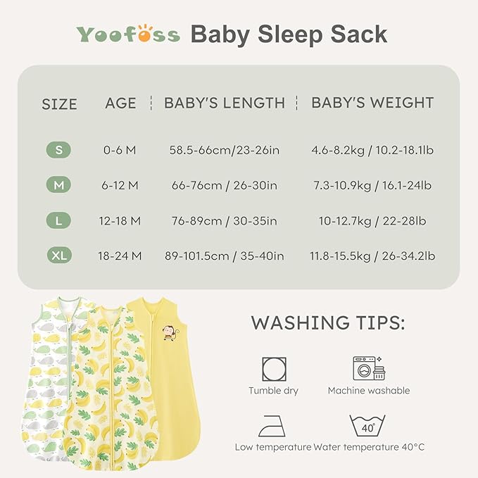 Yoofoss Baby Sleep Sack 0-6 Months Wearable Blanket for Babies 100% Organic Cotton 2-Way Zipper TOG 0.5 Toddler Sleeping Sack 3 Pack, Comfy Lightweight Sleep Sacks