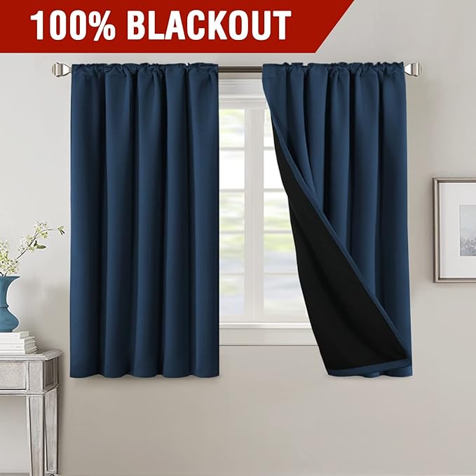 H.VERSAILTEX 100% Blackout Curtains for Bedroom with Black Liner Full Room Darkening Curtains 54 Inches Long Thermal Insulated Back Tab/Rod Pocket Window Drapes for Living Room, 2 Panels, Navy